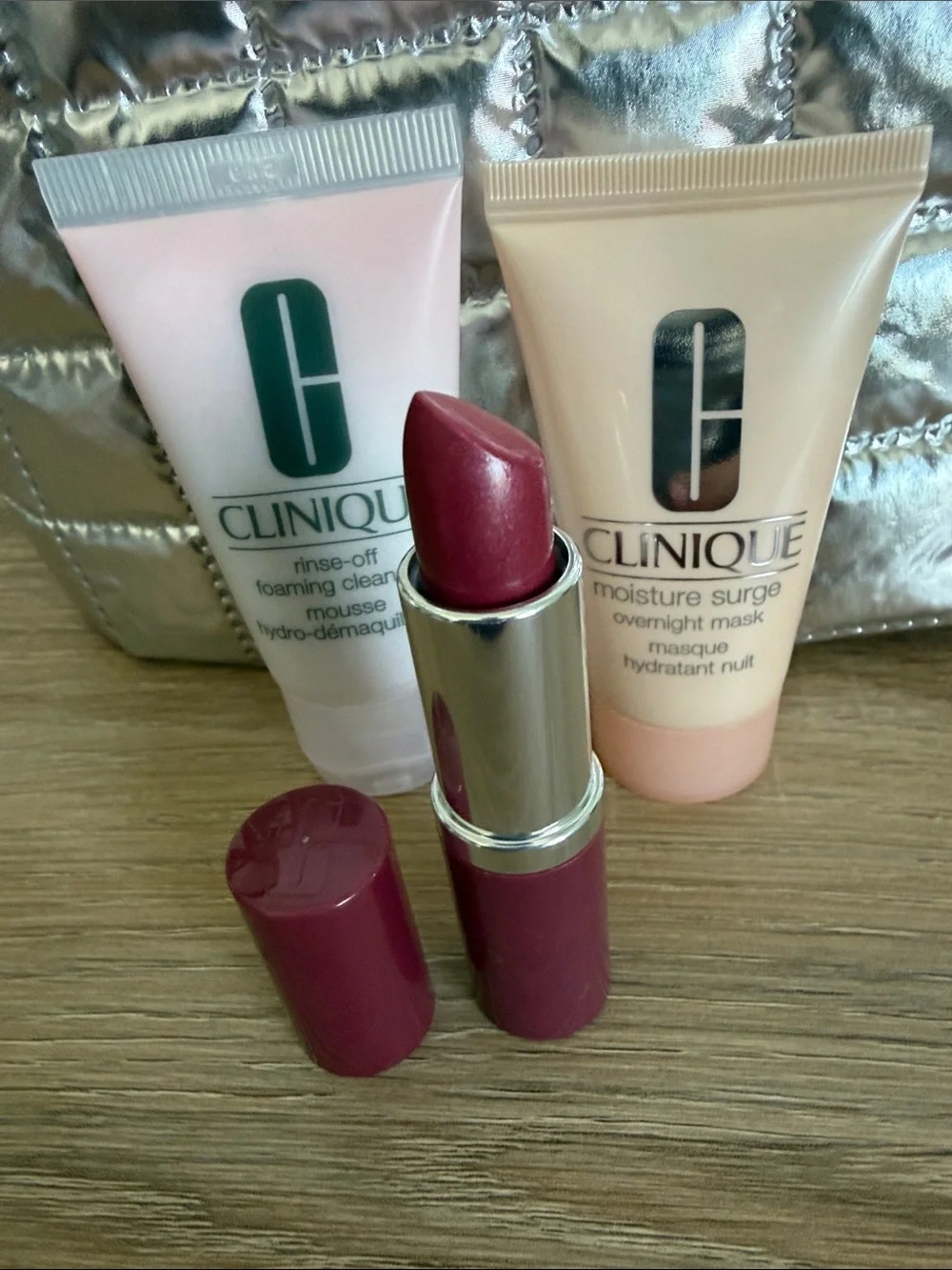 Clinique Silver Padded Tote with Matching Cosmetic Pouch and Never Used Products